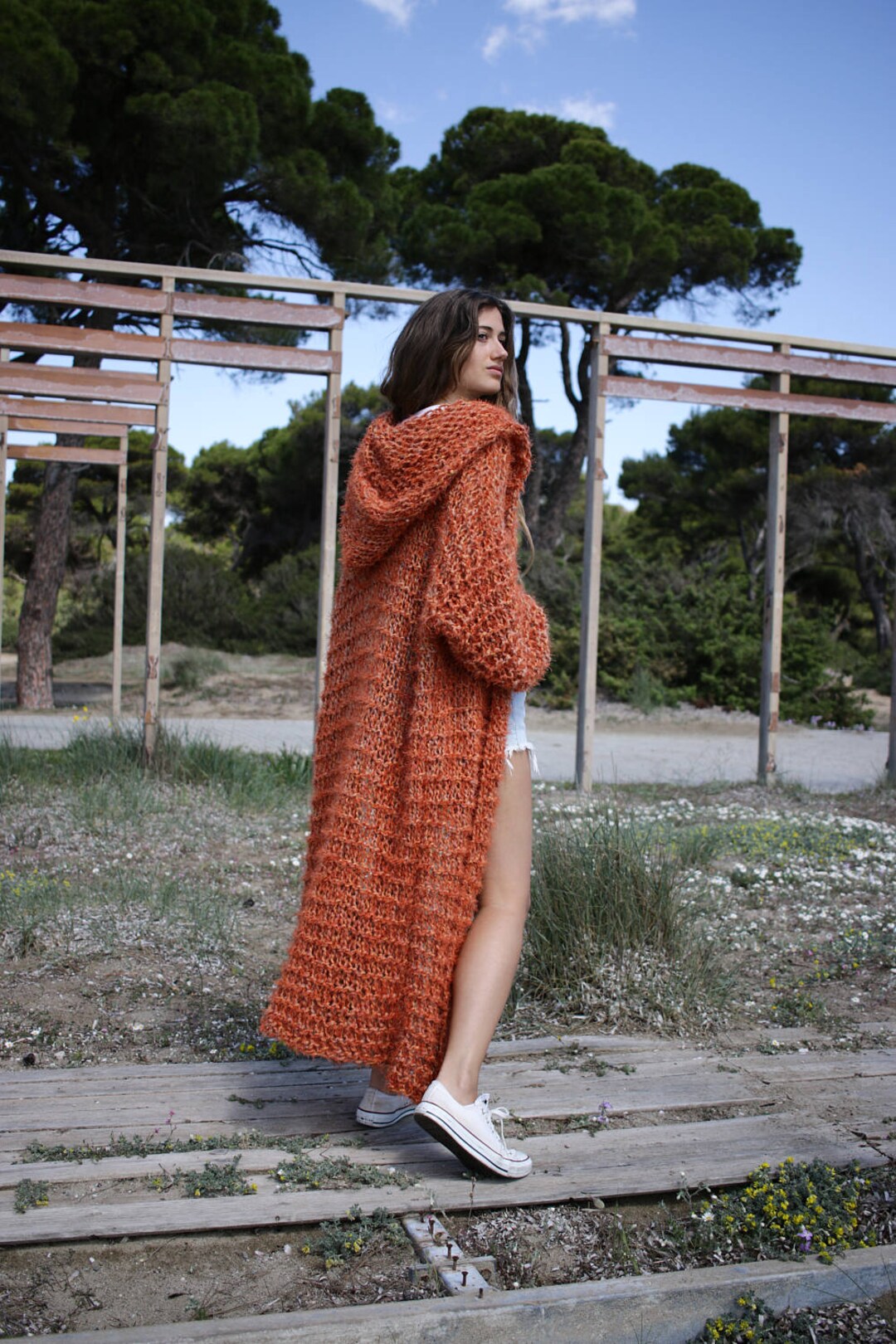 Rusty Red Long Knitted Coat, Oversize Chunky Women's Full
