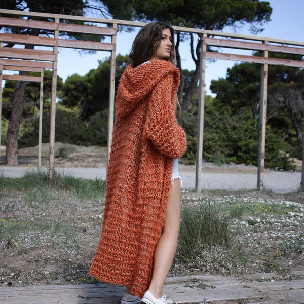 Rusty red long knitted coat, oversize chunky women's full length cardigan, long overcoat, boho loose weave cardigan with hood