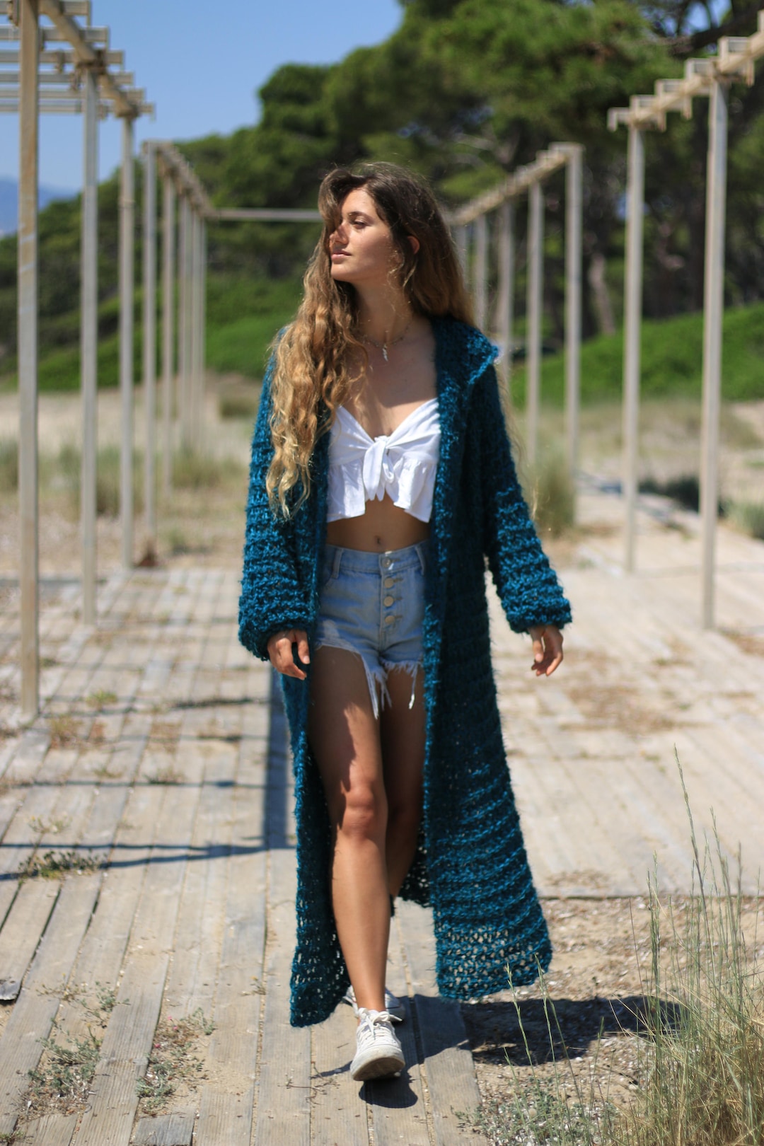 Long Knitted Cardigan, Petrol-teal Knit Coat, Oversized Chunky