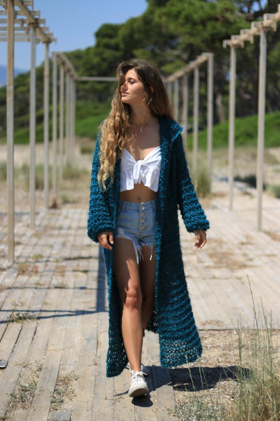 Long Knitted Cardigan, Petrol-teal Knit Coat, Oversized Chunky Women's Full  Length Cardigan, Long Overcoat, Loose Weave Cardigan With Hood - Etsy