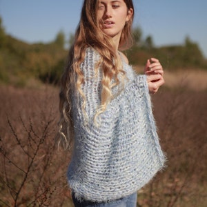 Boho hand knit oversized soft and chunky baby blue shrug image 4