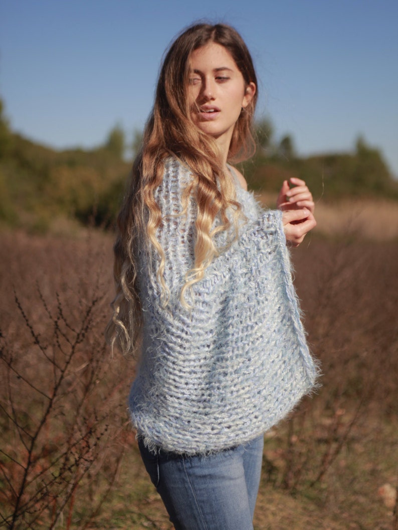 Boho hand knit oversized soft and chunky baby blue shrug image 4