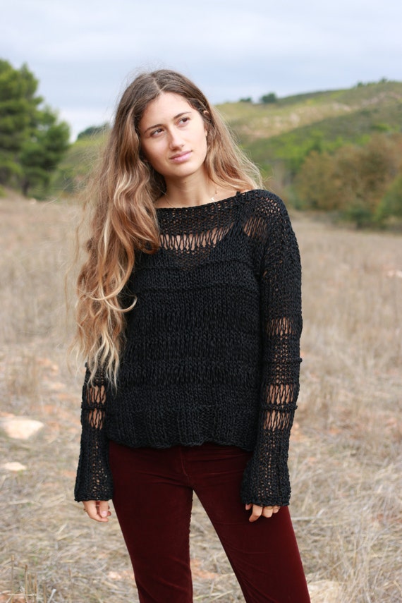 Black Loose Knit Sweater, Cotton Sweater, Grunge Loose