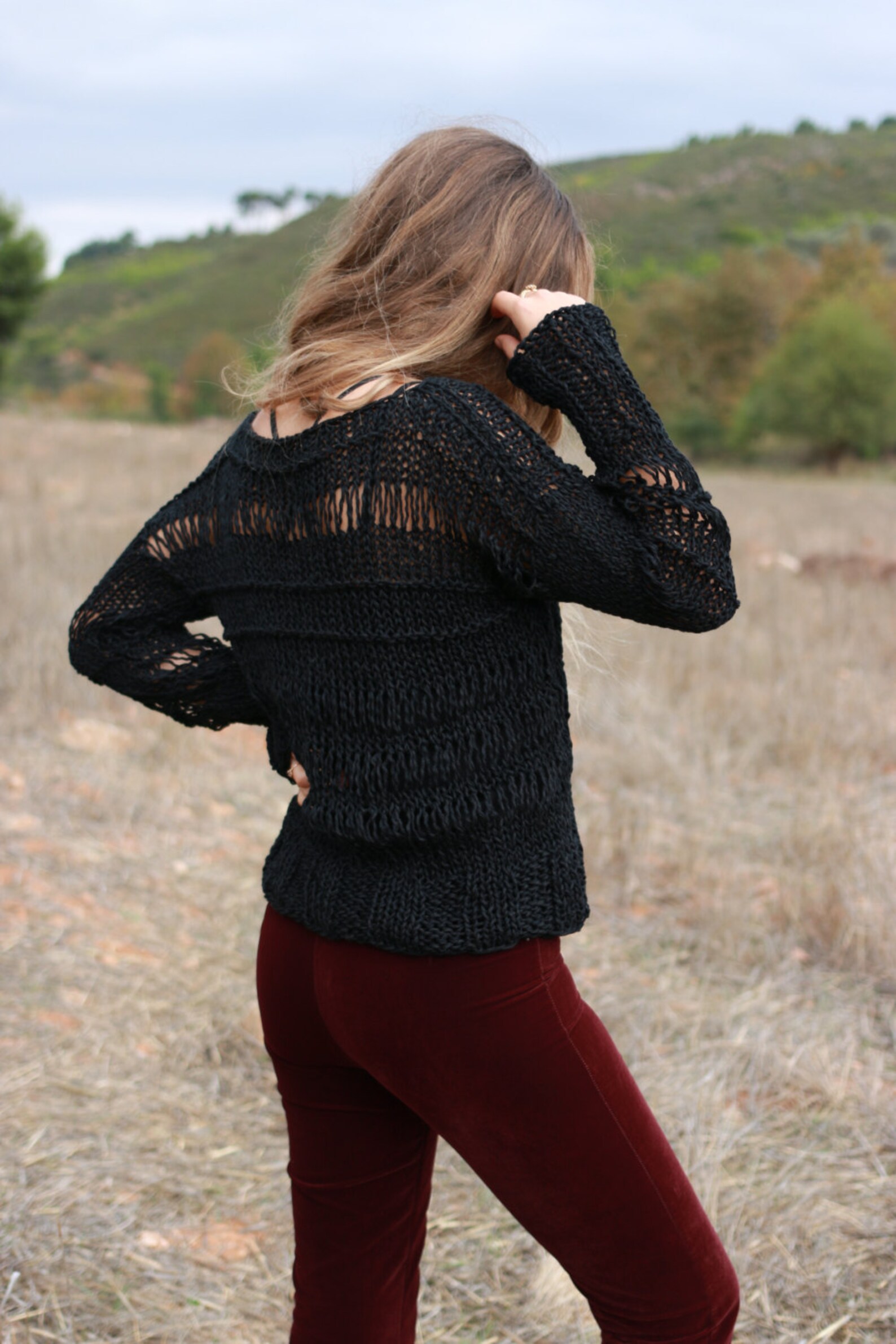 Black Loose Knit Sweater Cotton Sweater Grunge Loose Fitting Etsy