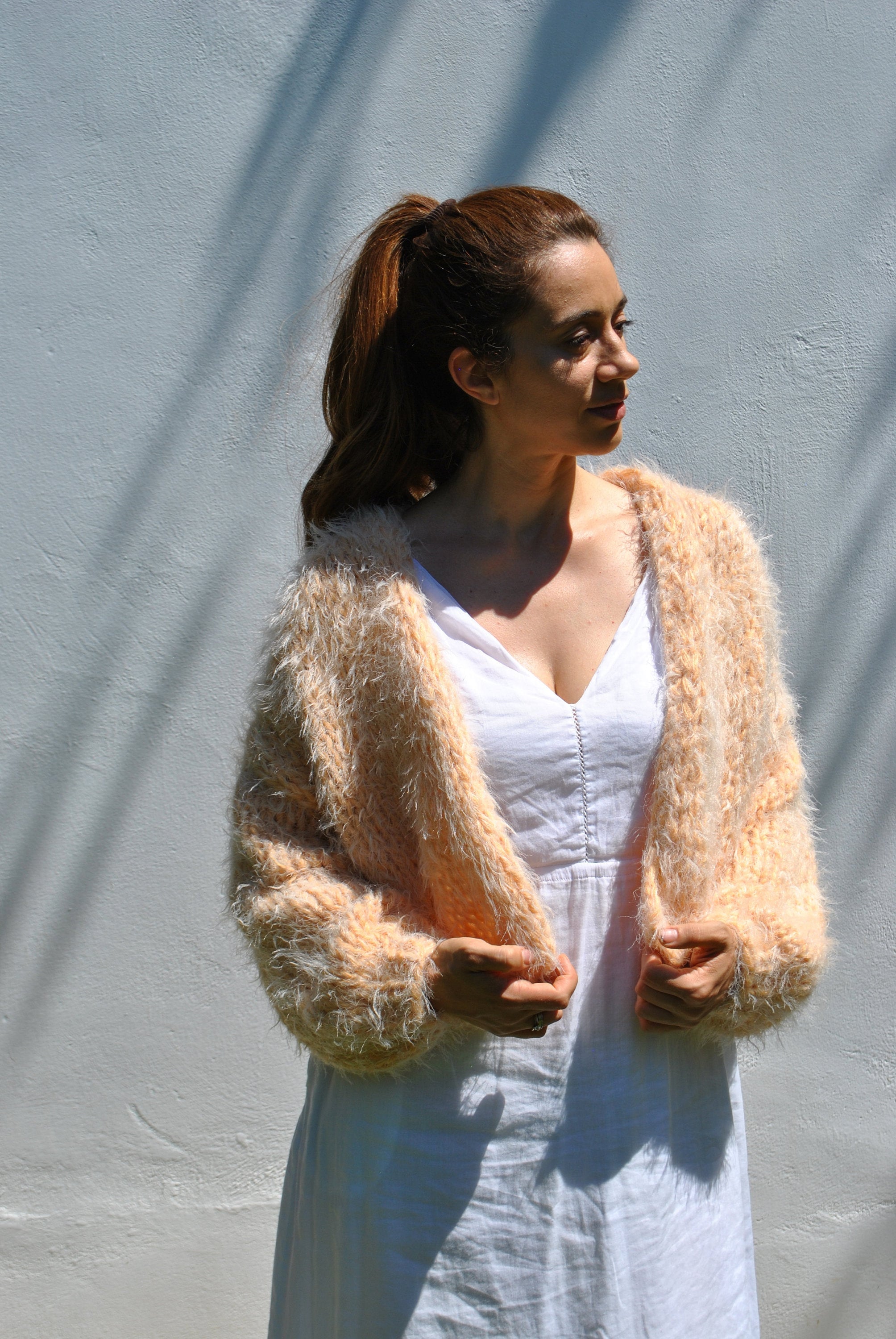 【日本製】 Puffy With Cardigan Cropped Green Lime Sleeves, and Mohair トップス