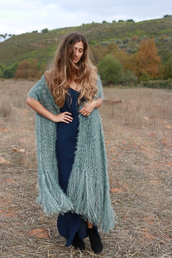Gray-blue faux fur, large formal shawl with fringes