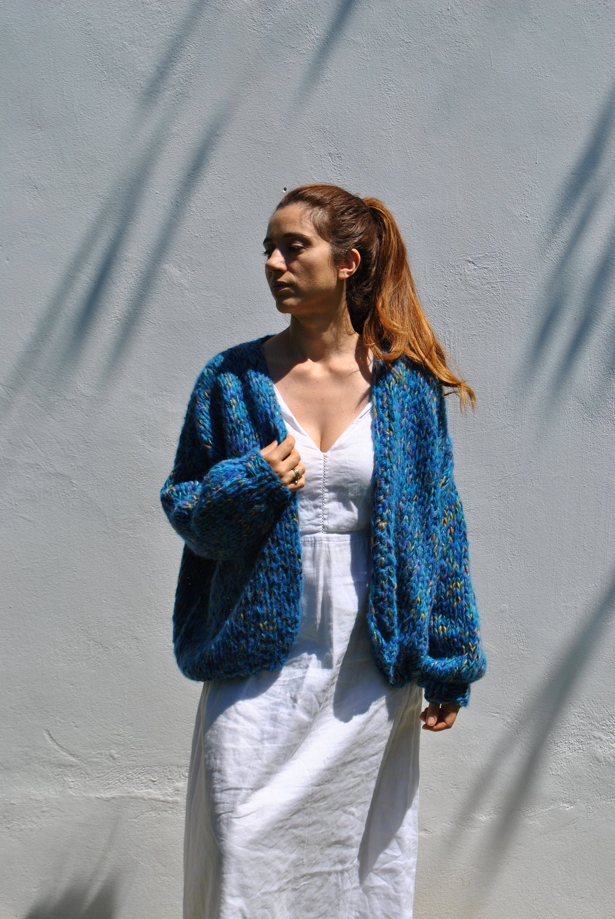 Blue Tweed Slouchy Cardigan, Chunky Over-sized Loose Fitting Blue Tweed Slouchy Cardigan, Chunky Over-sized Loose Fitting