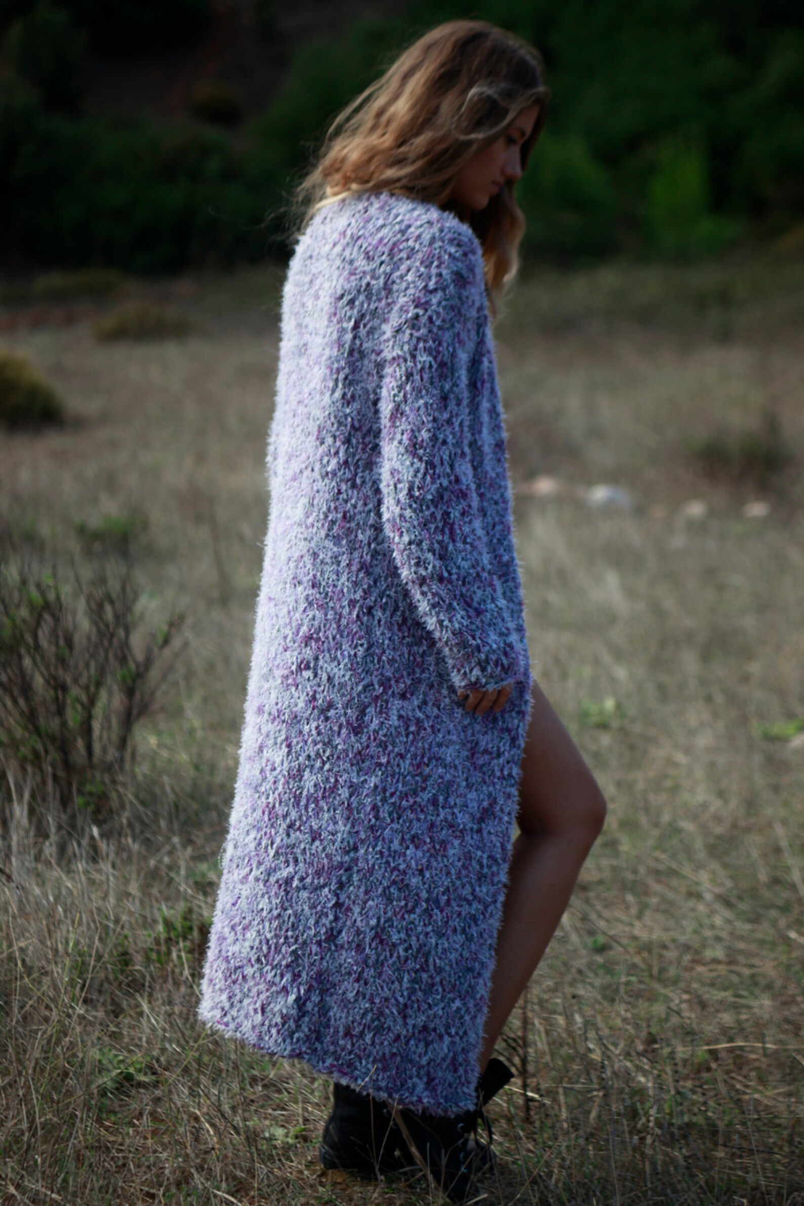 Boho long sweater coat lavender hand knit wool blend chunky Etsy