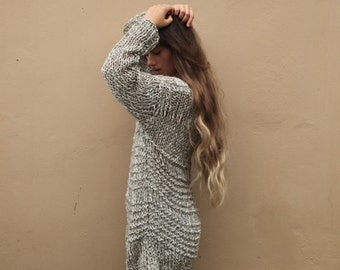 Over Sized Chunky Knit Sweater Dress, Khaki Loose Weave Women's