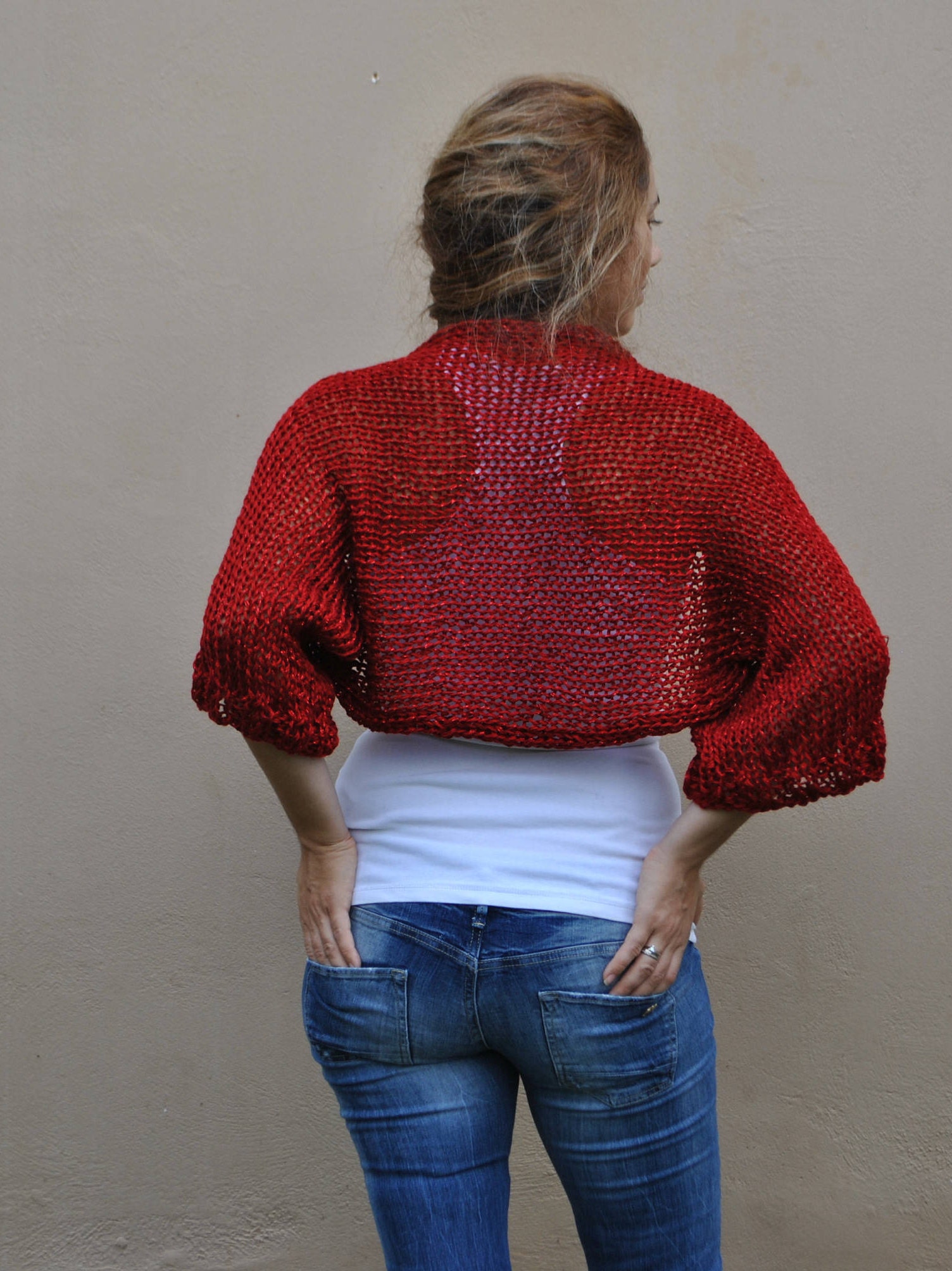 Red shrug red formal shrug loose knit shrug hand knit red Etsy