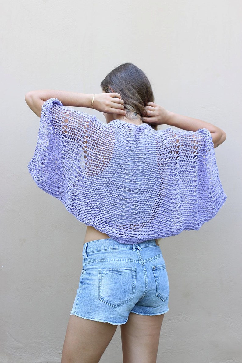 Lavender shrug, hand knit shrug, cropped cardigan, open knit cover up, cotton bolero, loose weave shrug, loose knit shrug, boho style shrug image 3