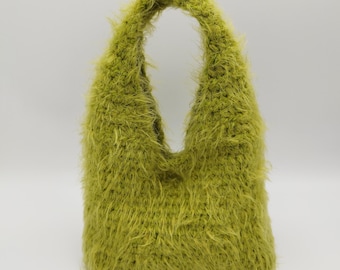 Crochet handbag in chartreuse green with faux fur yarn