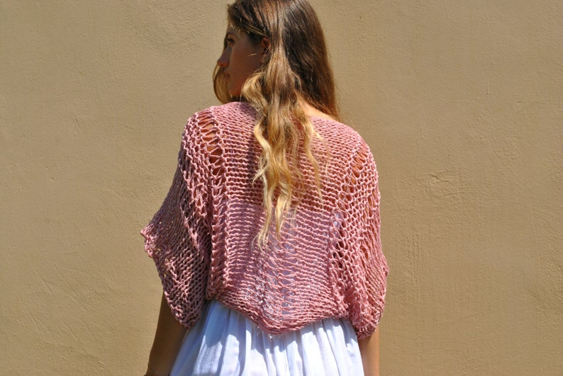 Dusty rose boho shrug, loose weave shrug, open knit cropped sweater, hand knit cotton bolero, cotton shrug, loose fitting, festival knits image 4