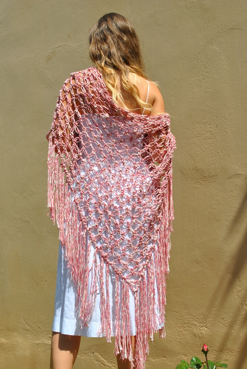 Crochet shawl, open weave golden tan shawl, handmade large fringed shawl, formal evening wrap, boho festival shawl Pink