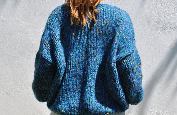 Blue Tweed Slouchy Cardigan, Chunky Over-sized Loose Fitting Blue Tweed Slouchy Cardigan, Chunky Over-sized Loose Fitting