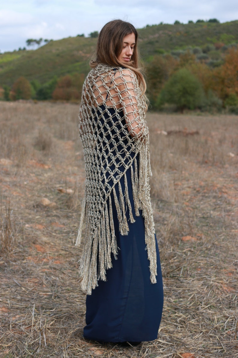 Crochet shawl, open weave golden tan shawl, handmade large fringed shawl, formal evening wrap, boho festival shawl image 2
