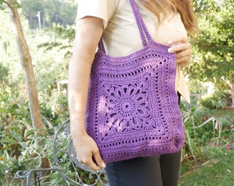 Purple Granny Square crocheted bag with lining, inside pocket and magnetic snap closure