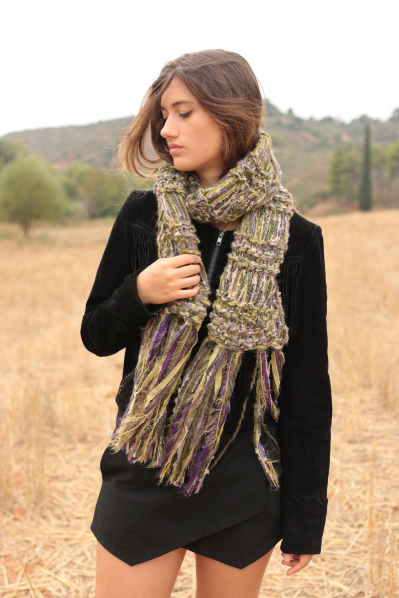 Chunky knit green purple yellow scarf, mohair and silk soft winter scarf, long fringed loose knitted scarf, winter accessories image 1