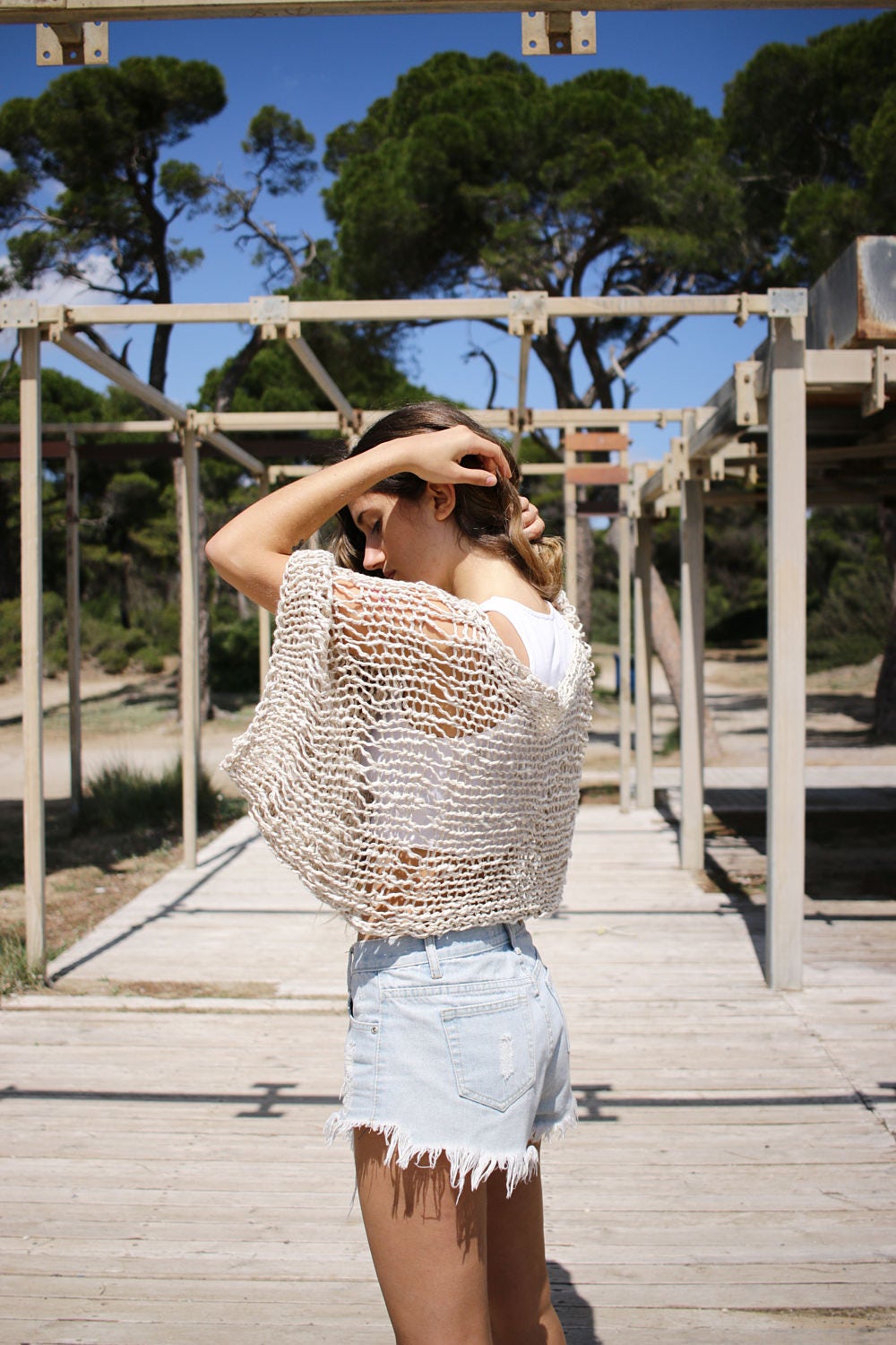 Ecru Open Knit Crop Sweater, Chunky Cropped Sweater, Cotton