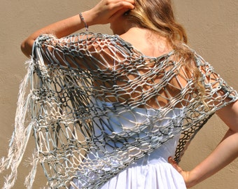 Blue multi color knit poncho, blue beige cream pastel loose weave poncho, loose knit lacy poncho, blue mesh capelet