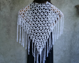 Cotton white crochet shawl long fringes, boho shawl, bridal shawl