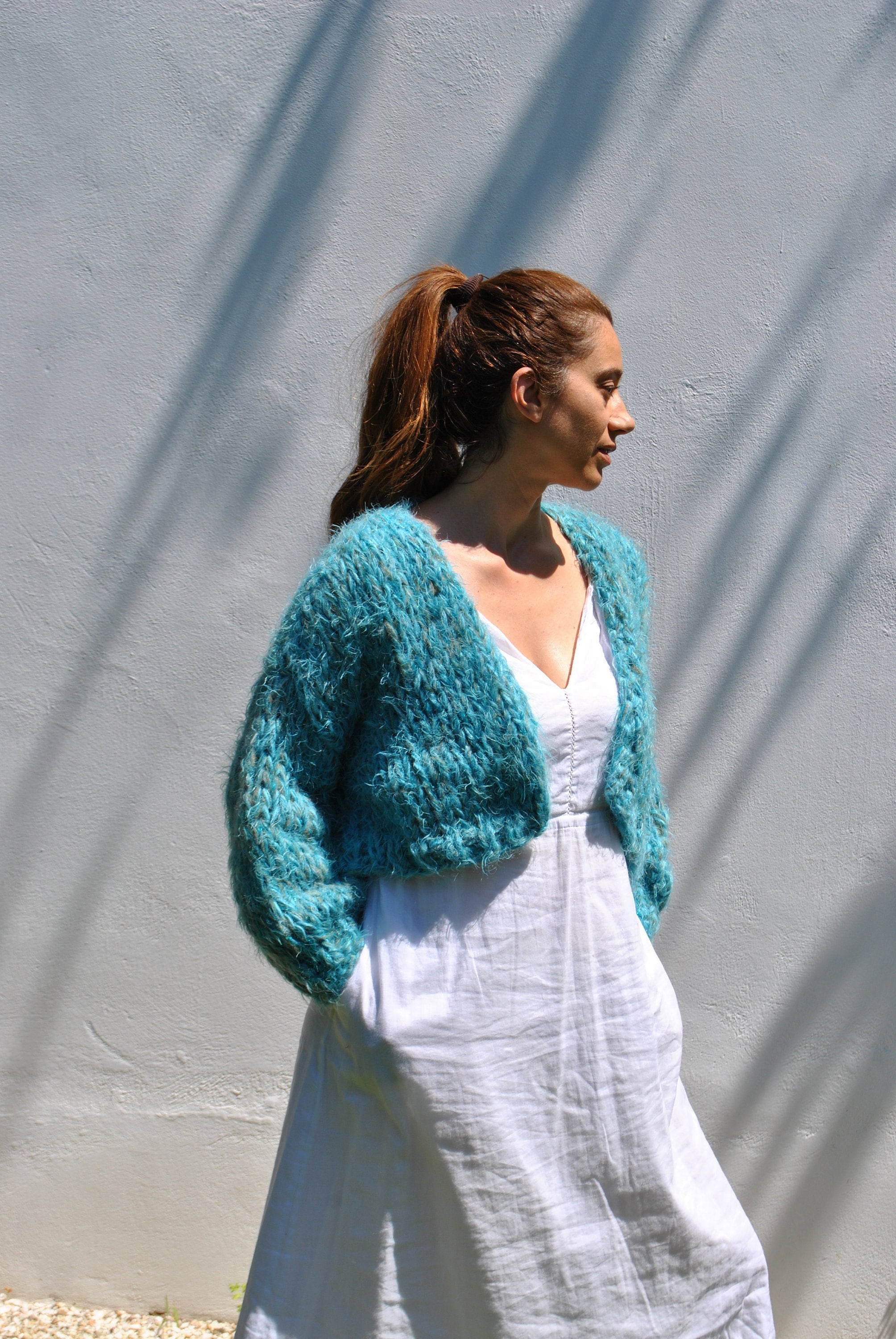 トップス MOJITO CARDIGAN Lime Green Cropped Cardigan With Puffy Sleeves, Mohair and