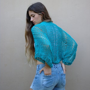 Turquoise cotton shrug, handmade cropped cardigan, open knit cotton bolero, loose weave shrug, loose fitting boho style shrug image 5