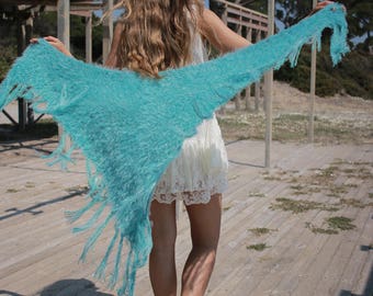 Turquoise shawl, faux fur shawl, hand knit bridal wrap, bridesmaid shawl, bridal shawl, wedding shawl, bridal cover up, handmade shawl