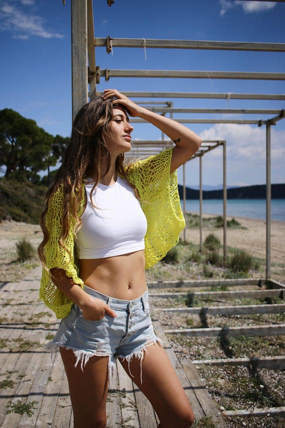Bright Yellow Open Knit Shrug, Handmade Loose Weave Crop Bright Yellow Open Knit Shrug, Handmade Loose Weave Crop