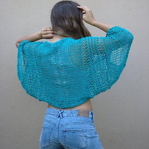 Turquoise cotton shrug, handmade cropped cardigan, open knit cotton bolero, loose weave shrug, loose fitting boho style shrug image 3