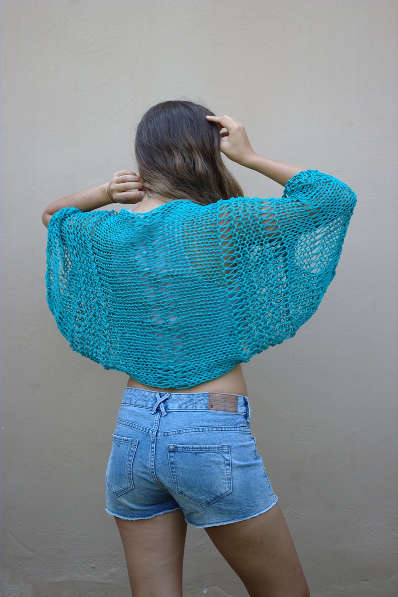 Turquoise cotton shrug, handmade cropped cardigan, open knit cotton bolero, loose weave shrug, loose fitting boho style shrug image 3