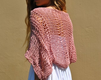 Dusty Rose Boho Shrug, locker gewebter Shrug, offener, handgestrickter Baumwollbolero, Baumwollshrug, locker sitzend, Festivalstrick