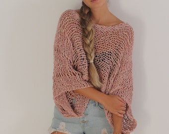 Blush pink open knit crop sweater, boho open knit top, Vegan chunky cropped sweater, cotton sweater, loose knitted blush pink grunge sweater