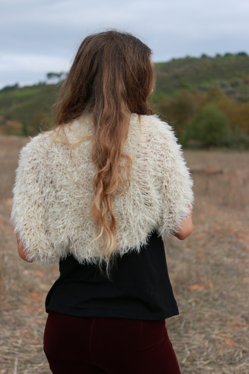 Gold beige faux fur hand knit shrug, women's bolero, formal event shrug, bridal wedding shrug, crop cardigan, boho shrug image 1