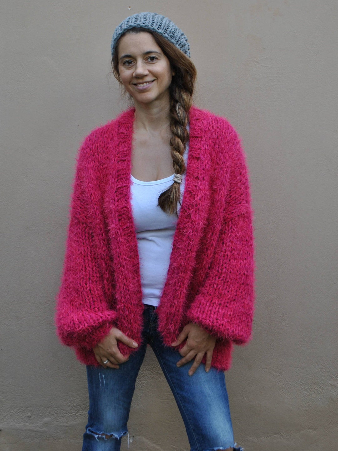 Pink Bomber Jacket Faux Fur Chunky Over-sized Hand Knit - Etsy UK