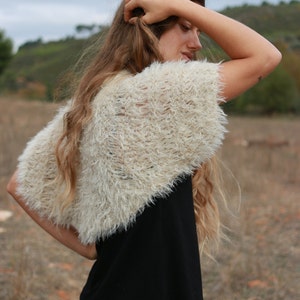 Gold beige faux fur hand knit shrug, women's bolero, formal event shrug, bridal wedding shrug, crop cardigan, boho shrug image 5