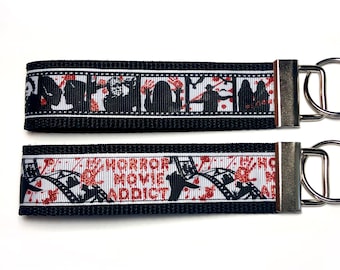 Horror Movie Addict Keychain, Blood Splatter Wristlet, Halloween Horror Fan Gift