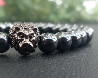 GunMetal Beaded Lion Bracelet made with hematite