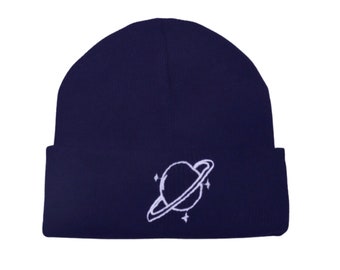 Navy Planet Beanie - Embroidered Planet Hat - Take me away Beanie - Feeling Spacey - One Size - Dark Navy