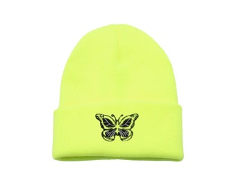 Neon Butterfly Beanie - Lime Neon Butterfly Beanie - One Size - Cotton