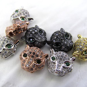 1pc CZ Micro Pave Panther Head Beads Rose Gold or Silver Animal Charm Jewelry Black Panther 1PC image 1