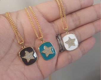 Cubic Zirconia Gold Star Tag Necklace - Star Necklace - 18" or 24" Star Tag Necklace