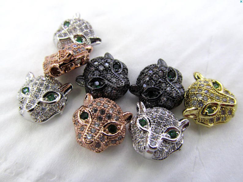 1pc CZ Micro Pave Panther Head Beads Rose Gold or Silver Animal Charm Jewelry Black Panther 1PC image 1