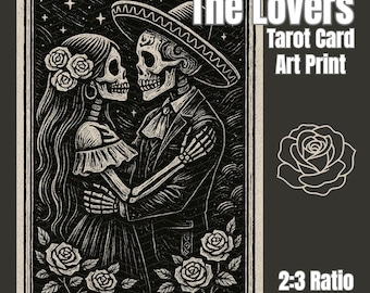 The Lovers Tarot Card Art Print | High Contrast Woodcut Skeleton Lovers | Gothic Vintage Tarot Digital Download | 2x3 Ratio