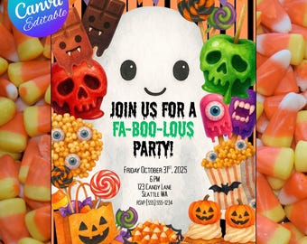 May include: A Halloween party invitation with a white ghost, candy, and the text "JOIN US FOR A FA-BOO-LOUS PARTY!" The invitation includes the date, time, and location: Friday, October 31st, 2025, 6 PM, 123 Candy Lane, Seattle WA.