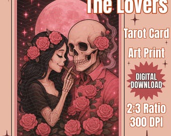 Lámina artística de la carta del Tarot de los Enamorados – Esqueletos góticos de los amantes, Arte de pared con luna rosa, Decoración de tarot romántica y macabra, Decoración oculta para el hogar