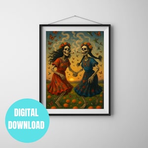 Kunstdruck - Dista de los Muertos - Skeleton Sisters mit Ringelblumen & Monarchs Grifas Eternas Smoke Sesh