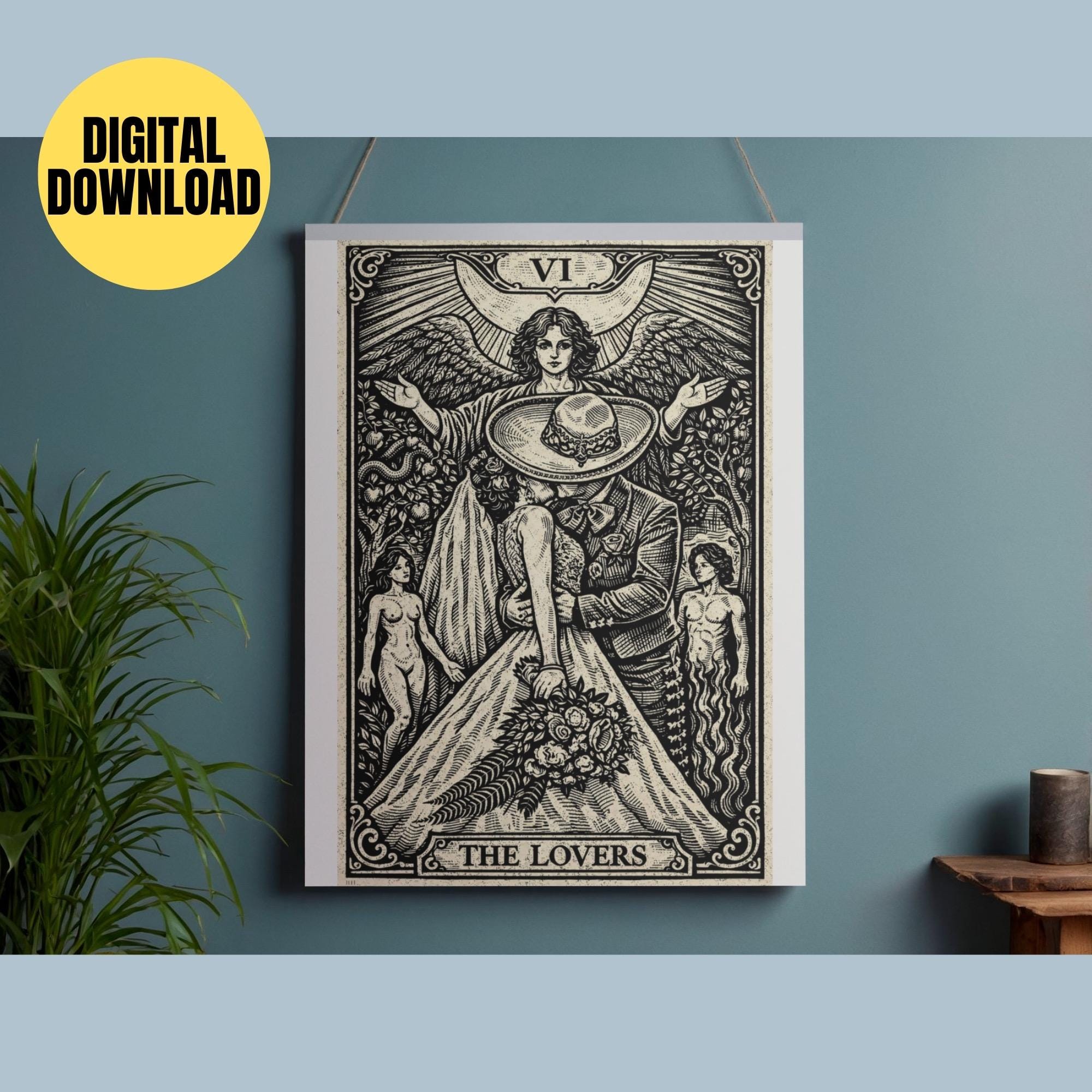 The Lovers Tarot Card Woodcut Art Print | Mexican Wedding Couple