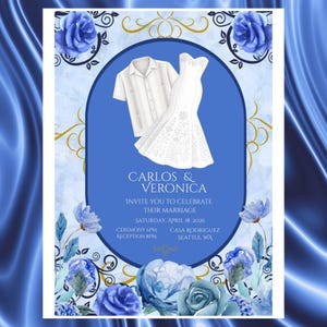 May include: A wedding invitation with a blue and white design. The invitation features a white dress and a white shirt, with the names "CARLOS & VERONICA" and event details. Floral and decorative elements surround the central design.
