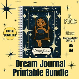 May include: A spiral-bound Dream Journal printable bundle. The cover features a cartoon illustration of a person on a swing against a dark blue starry background. Text includes "Dream Journal Printable Bundle", "Digital Download", and size options.